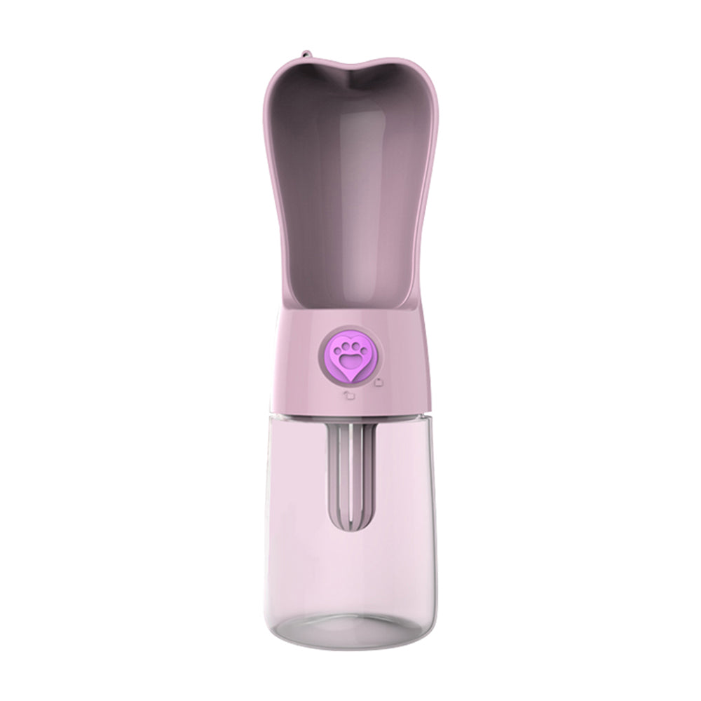 Pink portable pet water bottle with fold-out drinking cup