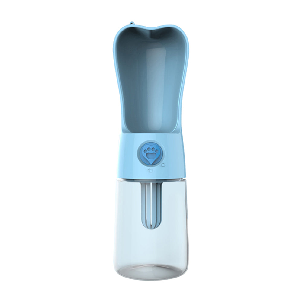 Blue portable pet water bottle with built-in drinking cup