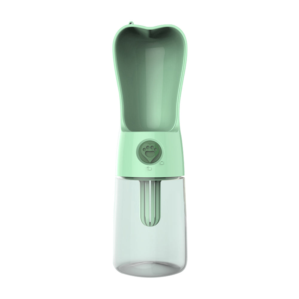 Green portable pet water bottle with built-in drinking cup