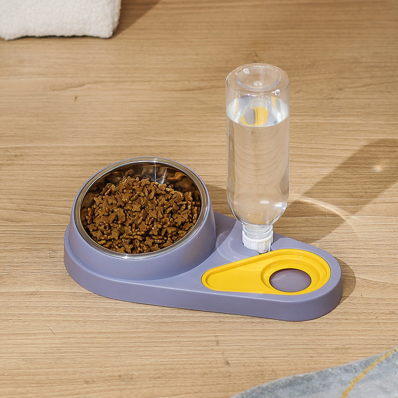 Purple pet water fountain with stainless steel bowl and clear water reservoir