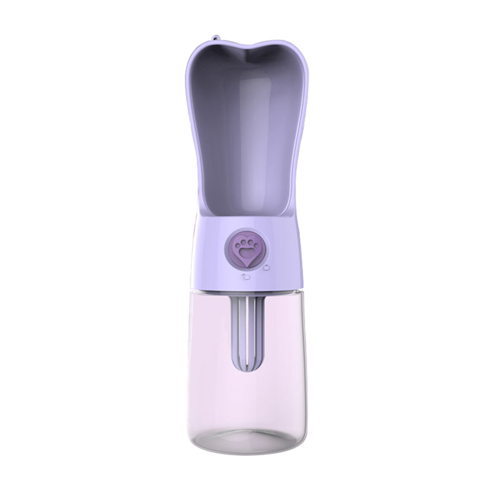 Purple portable pet water bottle with built-in drinking cup