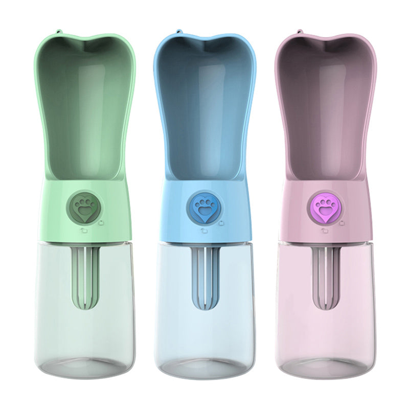 Portable pet water bottles in green, blue and pink