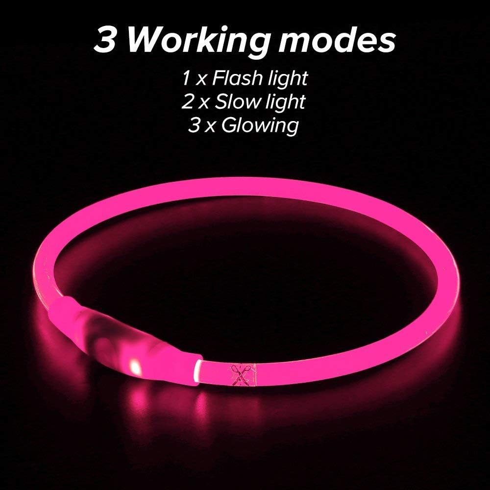 Pink LED dog collar showing three available light modes