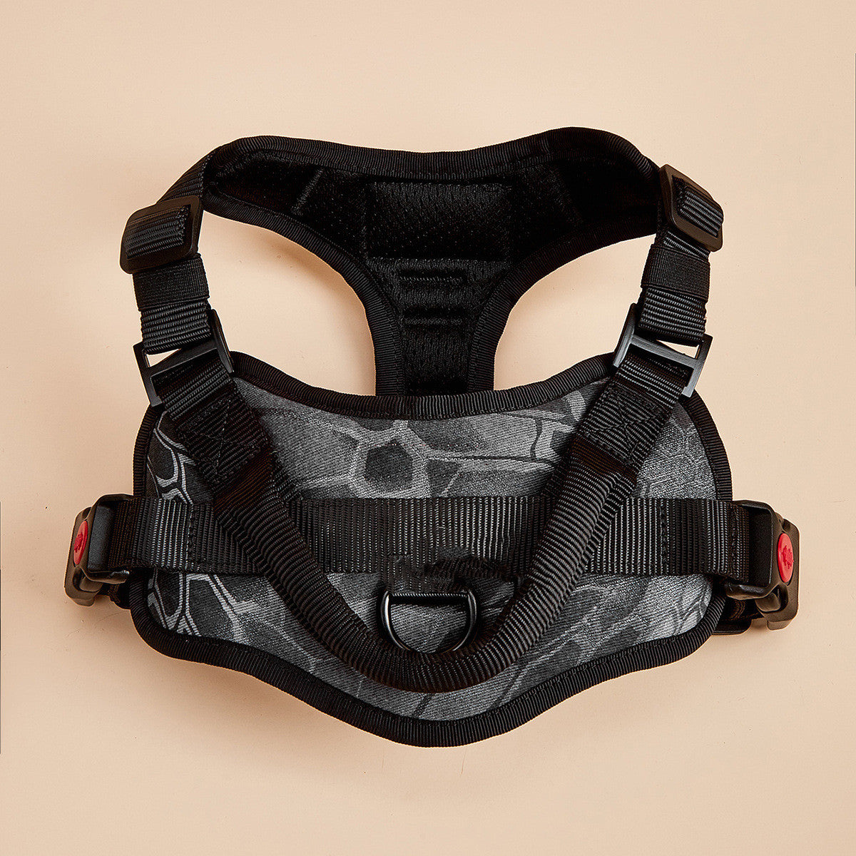 Black and gray camouflage no-pull dog harness
