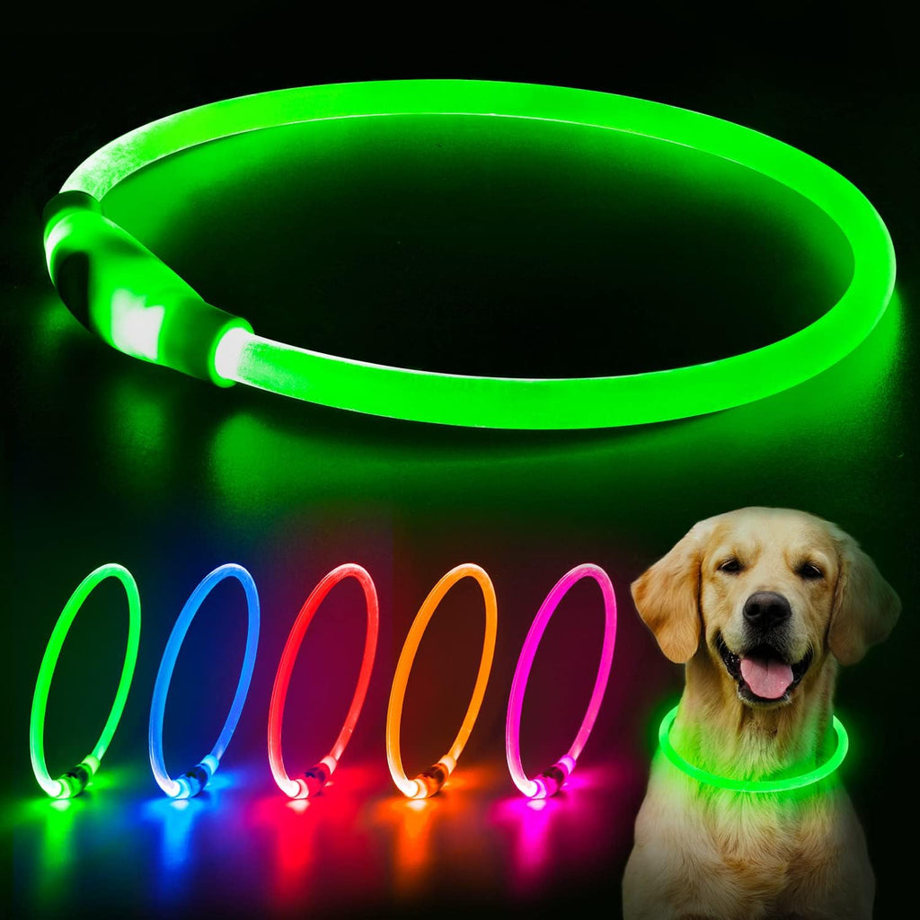 Green LED dog collar shown with a golden retriever